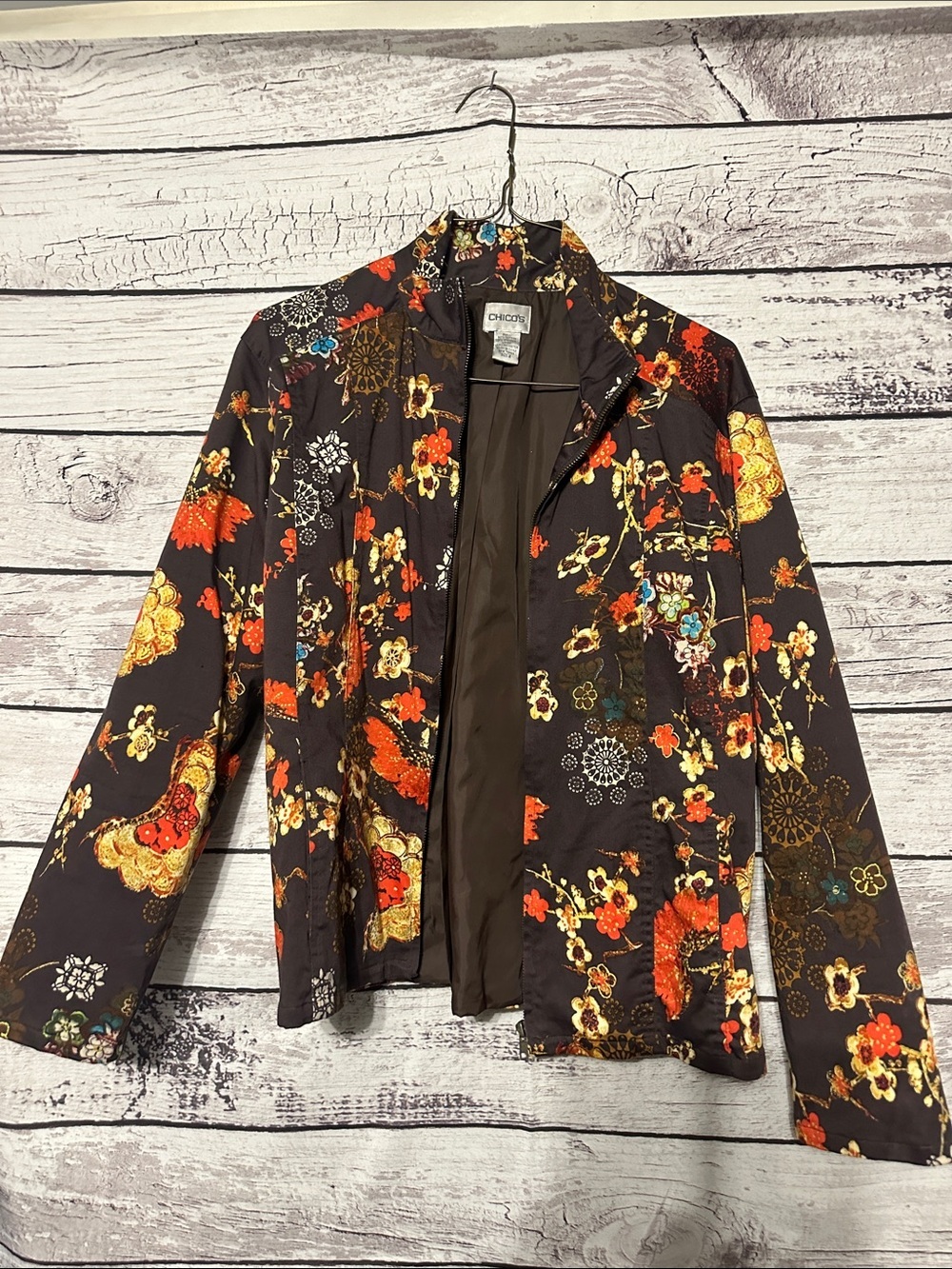 Chico's Brown Floral Print Lightweight Jacket with Multicolor Accents